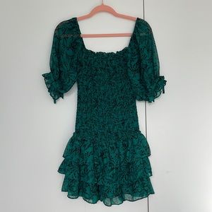 Green Floral Printed Drop Waist Smocked Dress